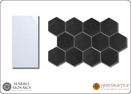 Honed marble 1-1/4" hexagon Sample Card in 'Jet Black'